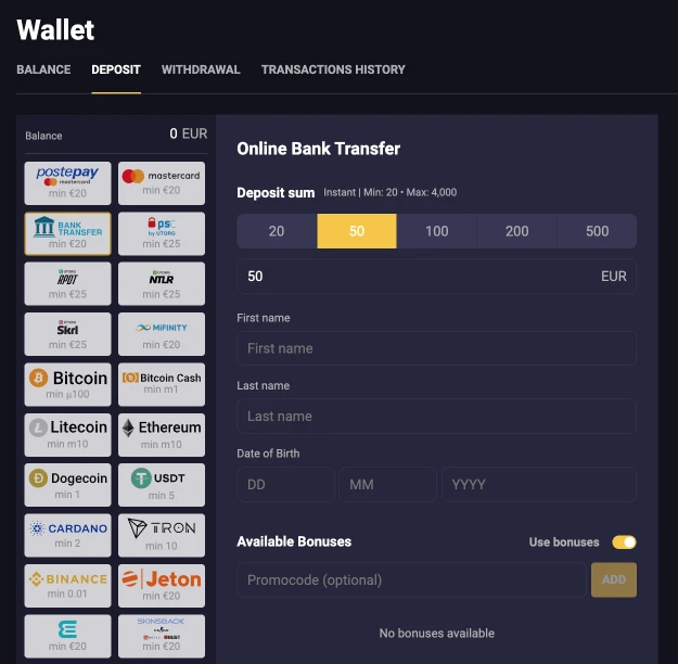 RollXO Deposit Methods